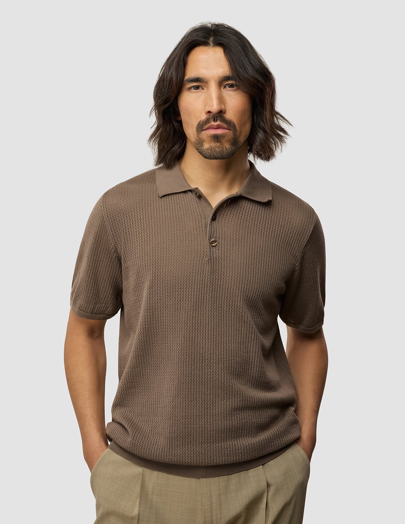 Textured Knitted Short Sleeve Polo Dark Earth